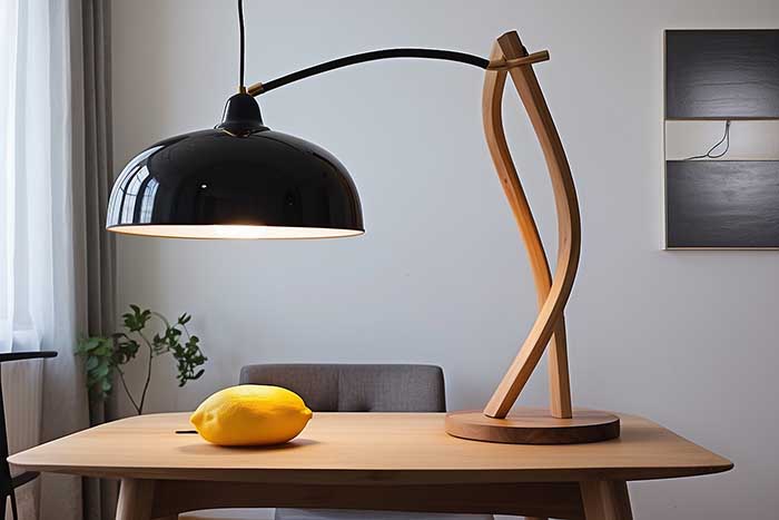 Lampada da tavolo da soggiorno con paralume nero su tavolo in legno