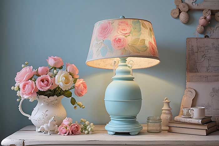 lampada da tavolo shabby chic colorata con tessuto a tema fiori